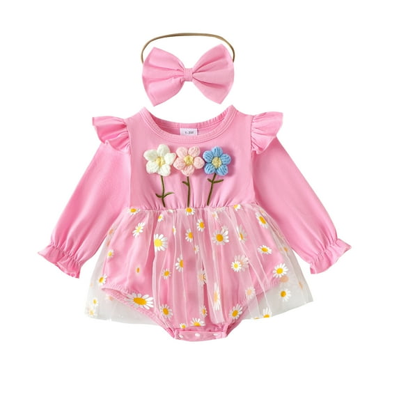Nwiuh Newborn Baby Girl Romper Floral Daisy Tulle Lace Onesie Bodysuit Infant Girl Summer Clothes (Red, 9-12 Months)