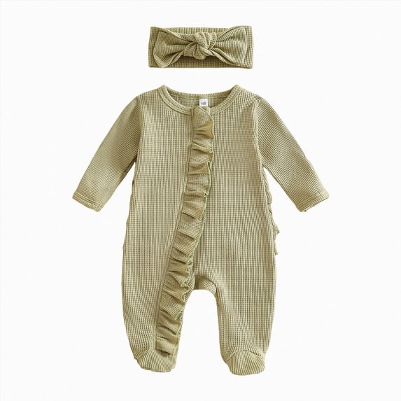 Nwiuh Newborn Baby Girl Ruffle Romper Knit Sweater Onesie Jumpsuit Long Sleeve Zipper Romper Solid Fall Winter Outfits Light Green for Size Newborn