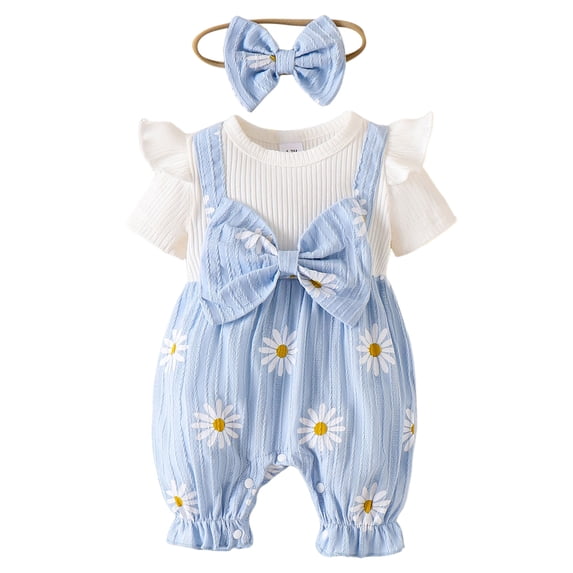 Nwiuh Newborn Baby Girl Summer Clothes Short Sleeve Bubble Romper Bow Shorts Jumpsuit Infant Outfit (Blue, 1-3 Months)
