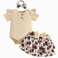thumbnail image 1 of Nwiuh Newborn Girl Summer Oufit Ribbed Knit Short Sleeve Romper Plaid Ruffle Plaid Shorts Headband 3Pcs Cute Clothes Set (Z02-Coffee, 12-18 Months), 1 of 4