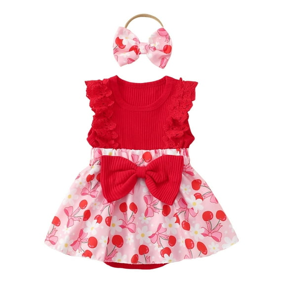 Nwiuh Newborn Girl Summer Outfit Cute Fly Sleeve Ruffle Knit Romper Dress Bowknot Hairband Infant Baby Clothes (Hot Pink, 12-18 Months)