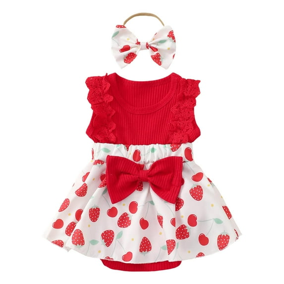 Nwiuh Newborn Girl Summer Outfit Cute Fly Sleeve Ruffle Knit Romper Dress Bowknot Hairband Infant Baby Clothes (Red, 12-18 Months)