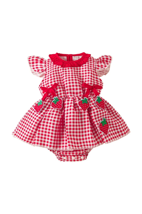 Newborn Infant Baby Girl Clothes Sleeveless Plaid Romper Dress Bow Layer Tutu Dresses Bow Headband Summer Bodysuit (Red, 6-12 Months)