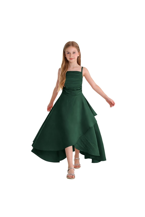 Short Junior Bridesmaid Dresses Pleated Chiffon Hi-Lo Flower Girls Dress Spaghetti Straps Flowy Gown (Dark Green, 11-12 Years)