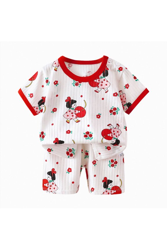 Summer Childrens Short Sleeved Shorts Set Boys and Girls Thin Air Conditioned Clothing Baby Pajamas Home Wear Childrens Clothing (Pink, 6-12 Months)