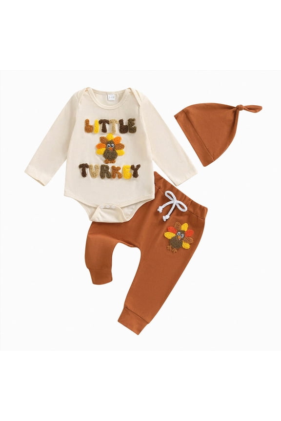 Thanksgiving Baby Boy Outfit My First Thanksgiving Little Turkey Romper Shirt Onesie Pants Newborn Clothes (Khaki, 9-12 Months)
