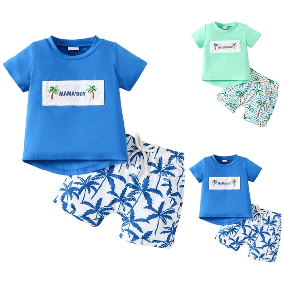 Nwiuh Toddler Baby Boy Summer Clothes Beach Short Sleeve Letters Hawaiian Shirt Tops Shorts Cute Infant Summer Outfit Blue for Size 18-24 Months