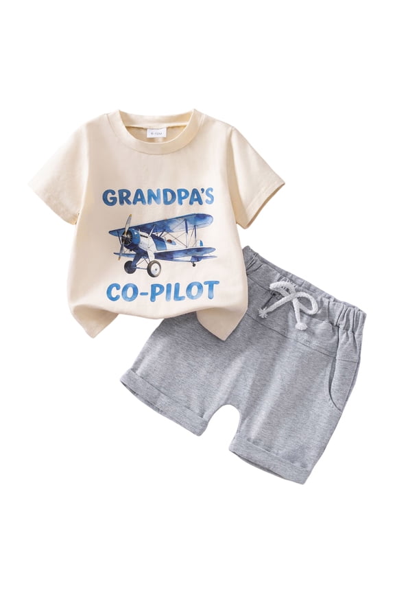 Toddler Baby Boy Summer Clothes Short Sleeve Airplane Print Shirt and Elastic Waist Shorts Sets Summer Outfit 2Pcs (Beige, 3-4 Years)