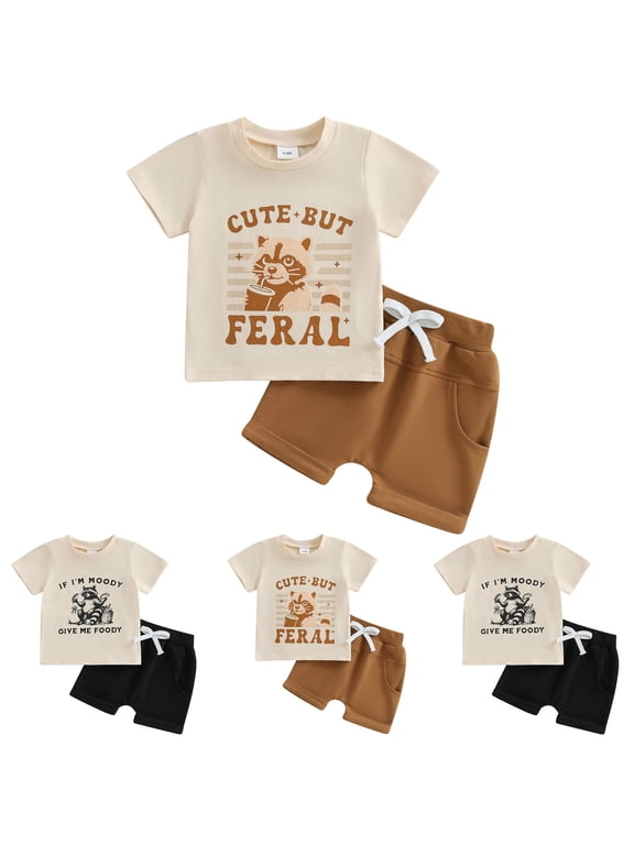 Toddler Baby Boy Summer Outfits 6 12 18 24 Months 2T 3T 4T Dinosaur Letter Print Round Neck Short Sleeve Tops with Solid Shorts Clothes Set Coffee for Size 6-12 Months