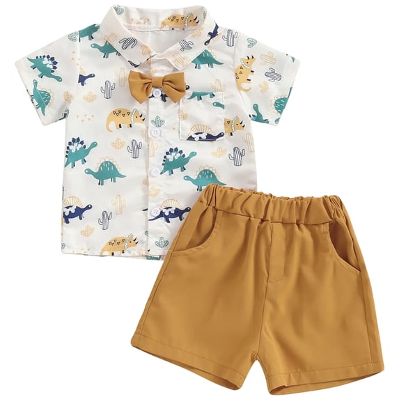 Nwiuh Toddler Baby Boys Summer Print Shirt Outfits Clothes Short Sleeve Button Down Tops + Shorts Set (Orange, 18-24 Months)
