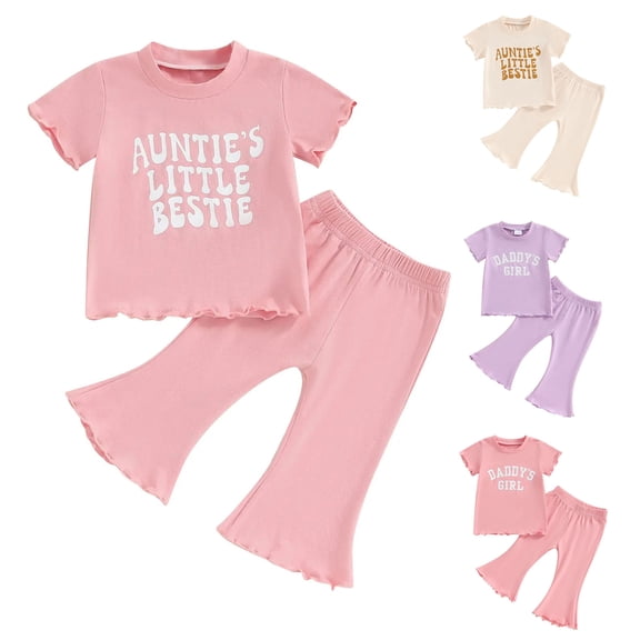Nwiuh Toddler Baby Girl Birthday Outfit Ruffle Ribbed Knit Short Sleeve T-Shirts Tops Flare Pants Cute 2 Piece Clothes Set Purple for Size 6-12 Months