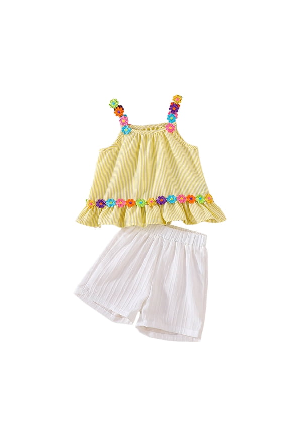 Toddler Baby Girl Summer Clothes Flower Embroidery Sleeveless Smocked Tops and Shorts Set Cute Two Piece Outfit (Yellow, 3-4 Years)