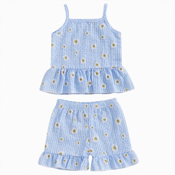 Nwiuh Toddler Baby Girl Summer Clothes Sleeveless Daisy Print Tank Top T-shirt Ruffle Stretch Shorts Set (Blue, 6-12 Months)