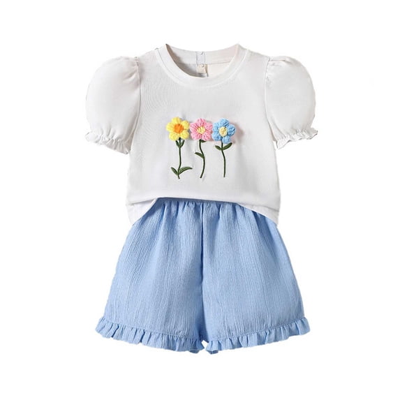 Nwiuh Toddler Baby Girl Summer Outfit Princess Car Embroidered Ruffled Puff Sleeve Tops Shorts Set 2Pcs Infant Clothes (White, 2-3 Years)