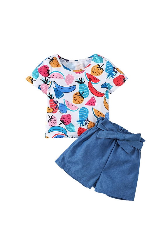 Toddler Baby Girls Clothes Fruit Print T-shirt + Bowknot Shorts with Cute Summer Girl Clothes Set (Blue, 5-6 Years)