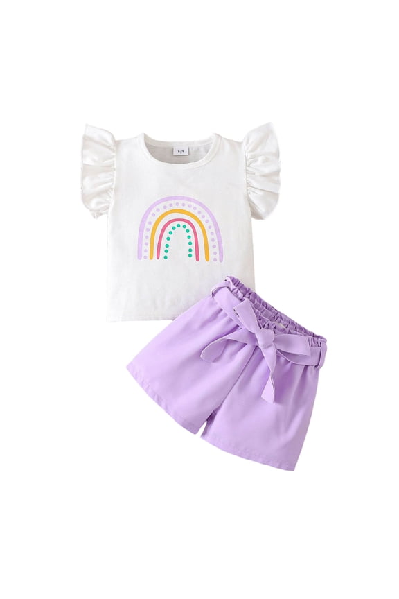 Toddler Baby Girls Clothes Rainbow T-shirt + Bowknot Shorts with Cute Summer Girl Clothes Set (Purple, 5-6 Years)