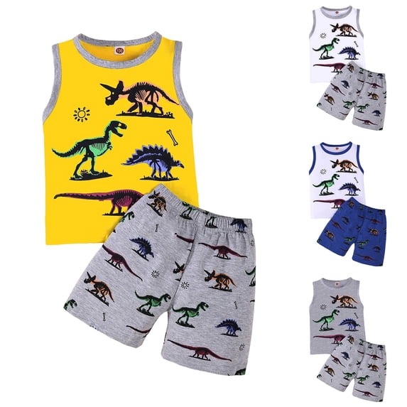 Nwiuh Toddler Boy Clothes Baby Summer Outfit Dinosaur Letter Print Cotton Tops+Grey Elastic Shorts 2pcs Yellow for Size 5-6 Years
