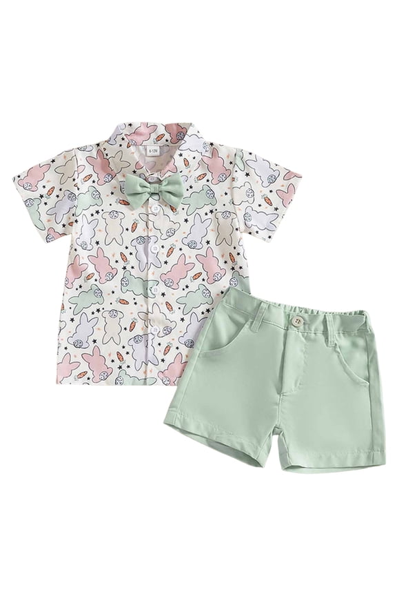 Toddler Boy Cute Bunny Lapel Button Down Shirt Top and Shorts With Pockets Infant Newborn Baby Easter Outfits (White, 18-24 Months)