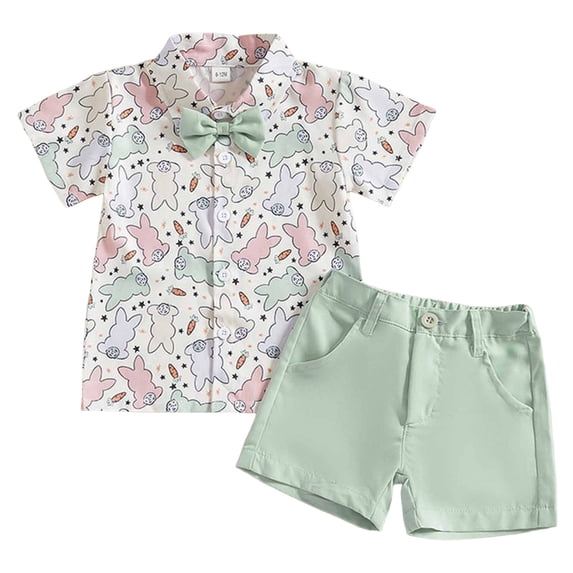 Nwiuh Toddler Boy Cute Bunny Lapel Button Down Shirt Top and Shorts With Pockets Infant Newborn Baby Easter Outfits (White, 6-12 Months)