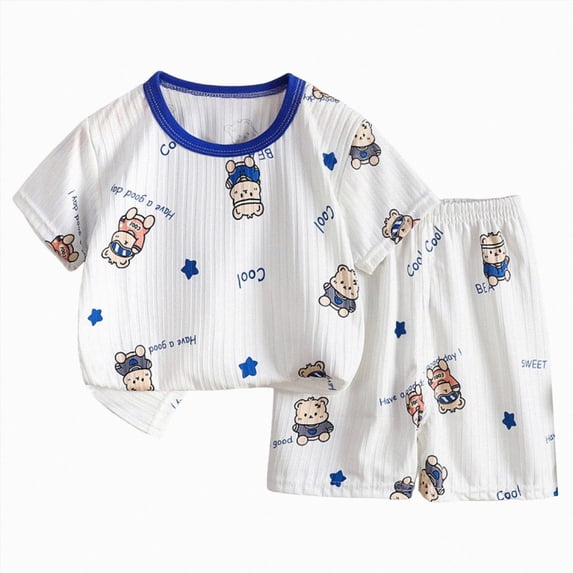 Nwiuh Toddler Boy Summer Outfits for Boys Toddler Kids Baby Boy Summer Clothes Sets Carton Print 2t 3t 4t 5t 6t 7t Short Sleeve Tops Shorts Outfits (Blue, 18-24 Months)