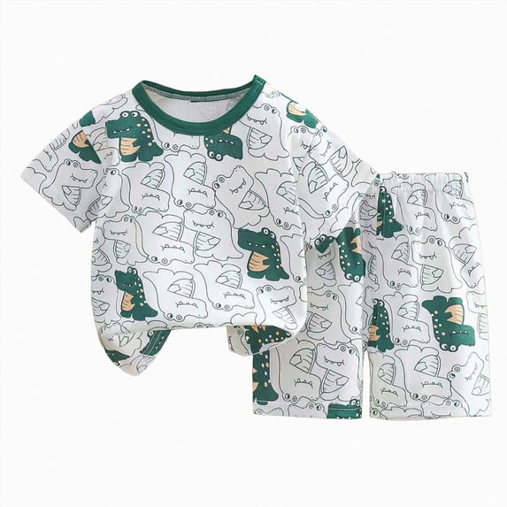Nwiuh Toddler Boys 2 Piece Outfit Sets,Cotton Cartoon Short Sleeve Top and Shorts Set (Green, 2-3 Years)