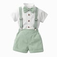 thumbnail image 1 of Nwiuh Toddler Formal Outfit Kid Gentleman Short Sleeve Shirt Bowtie Boy Suspender Shorts Wedding Suit Outfits(Light Green, 5-6 Years), 1 of 7
