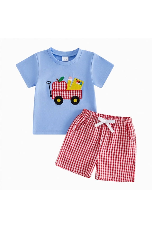 Toddler Girl Boy Back to School Clothes Little Boy Girl Pre Kindergarten Outfit Short Sleeve TShirt Plaid Shorts Set (Light Blue, 4-5 Years)