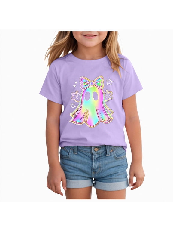 Toddler Girls Halloween T-Shirt Cute Cartoon Ghost Short Sleeve T Shirt(Purple,12-13 Years)