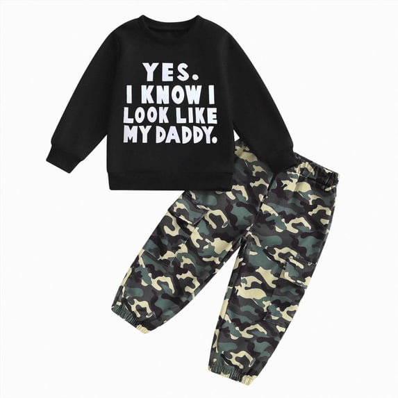 Nwiuh Toddler Kids Baby Boy Girl Fall Outfits 1T 2T 3T 4T 5T Letter Print Long Sleeve Tops Camouflage Pants Winter Clothes Sets Bronze for Size 2-3 Years