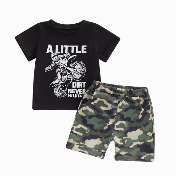 Nwiuh Toddler Kids Baby Boy Summer Clothes Letter Print Short Sleeve Tops Camouflage Shorts Outfits (Black, 12-18 Months)