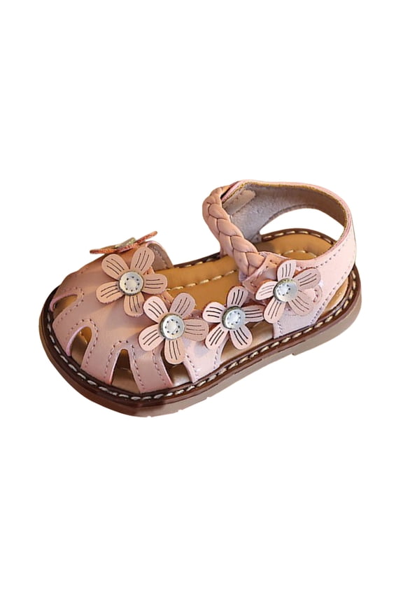 Toddler Sandals Closed Toe Flat Girls Sandals Little Kids T-Strap Summer Dress Shoes Party Wedding Flower Girl Shoes(Pink, 4)