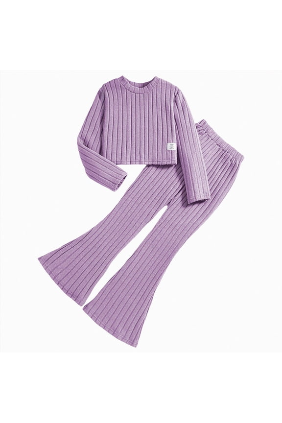 Tween Girls Clothes Ribbed Knit 2 Piece Solid Color Long Sleeve Crop Sweatshirt and Flare Pants Fall Outfit (Purple, 8-9 Years)