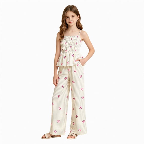 Nwiuh Tween Girls Clothes Summer 2 Piece Outfit Set Ruffle Cami Top Wide Leg Pants with Pockets (White, 13-14 Years)