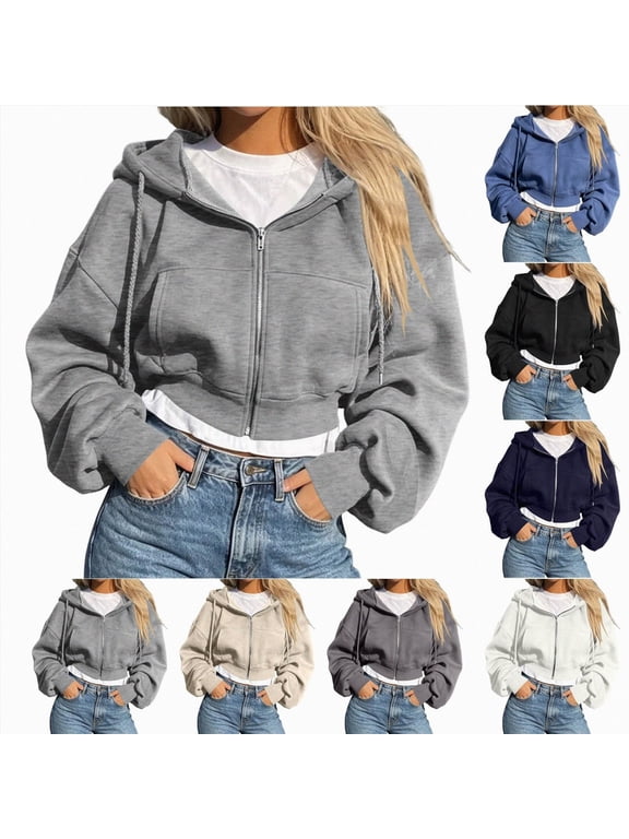 Women Fleece Full Zip Up Cropped Hoodie Sweatshirt 90s Long Sleeve Drawstring Hooded Crop Jacket Top with Pockets(White,L)