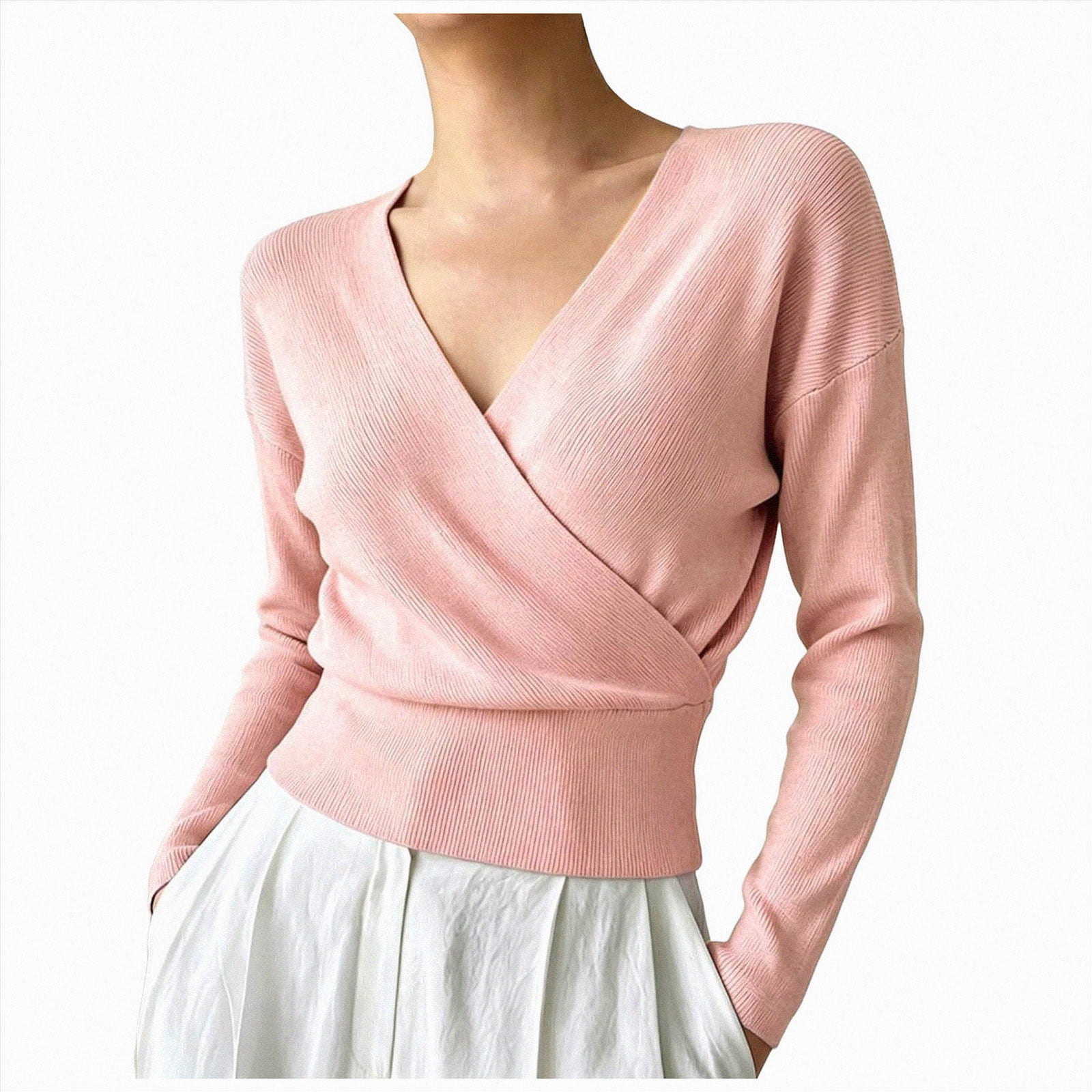 Solid Soft Pink Color Nwiuh Women's Solid Color Long Sleeve V Neck Wrap Knit Sweaters ...