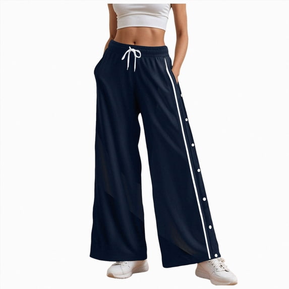 Nwiuh Women's Tear Away Basketball Pants Casual High Split Snap Button Post Surgery Sweatpants with Pockets(Dark Blue,L)