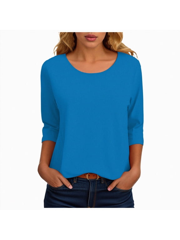 Womens 3/4 Sleeve Ribbed T-Shirts Crew Neck Slim Basic Shirts Knit Fitted Casual Tops(Navy,M)