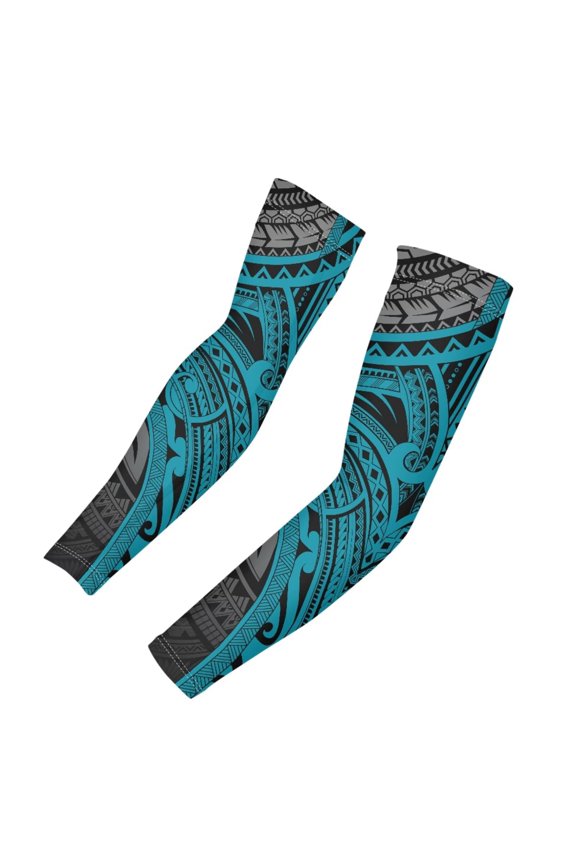 Polynesian Tribal Totem Prints Sun Sleeves For Men Uv Protection Cyan Large