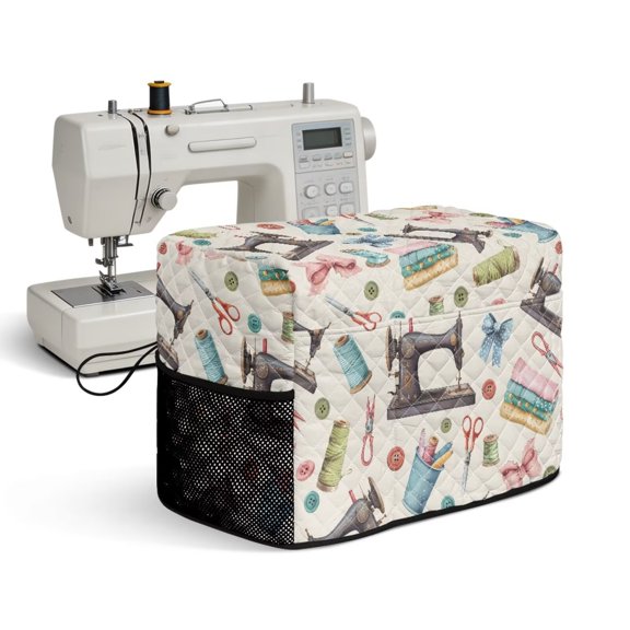 Nxidvxne Sewing Machine Dust Cover Quilted Polyester Universal Fit 17.3x8.8x12.2in with Large-capacity Front Pockets Rose Old Sew Machine Print