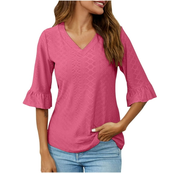 Nxznwn 3/4 Length Sleeve Womens Tops Summer Loose V-Neck Eyelet T-Shirts Dressy Casual Ruffle Sleeve Tunic Blouses