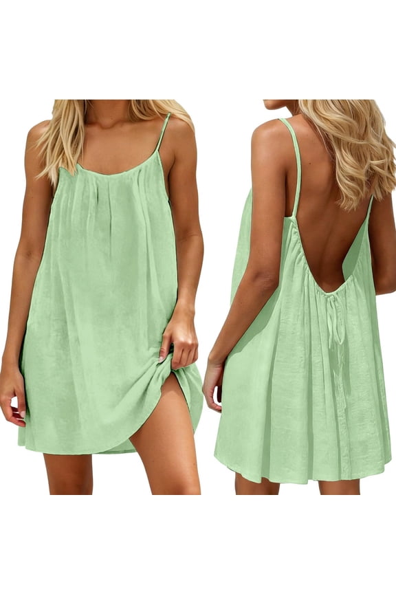 Backless Cami Dress for Women Summer Short Mini Dresses Spaghetti Strap Sleeveless Tie Back Loose Lounge Sundress