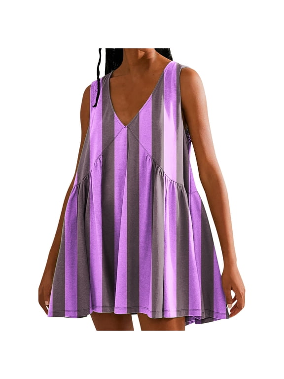 Boho Dresses for Women 2024 Sleeveless Summer Mini Dress Ruffle Flowy Y2k Sundress Casual Striped Babydoll Dress