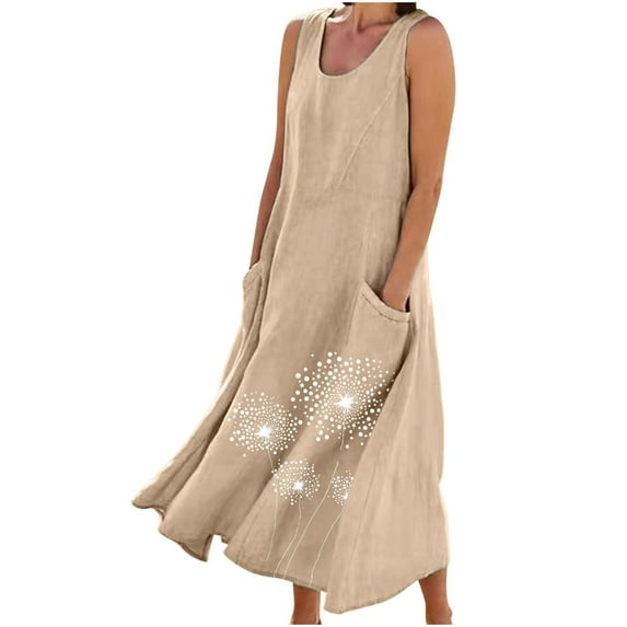 Nxznwn Cotton Linen Dress for Women Summer Sleeveless Printed Casual Flowy Maxi Dresses Beach Vacation Sundress with Pockets