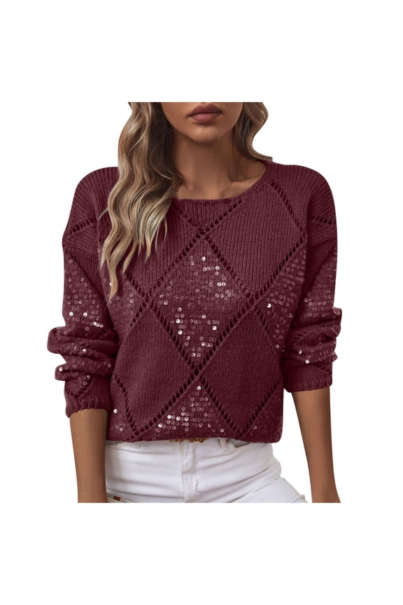 Crewneck Sweaters for Women Fall Lightweight Long Sleeve Hollow Out Knit Pullover Loose Casual Sequin Crochet Sweaters Tops