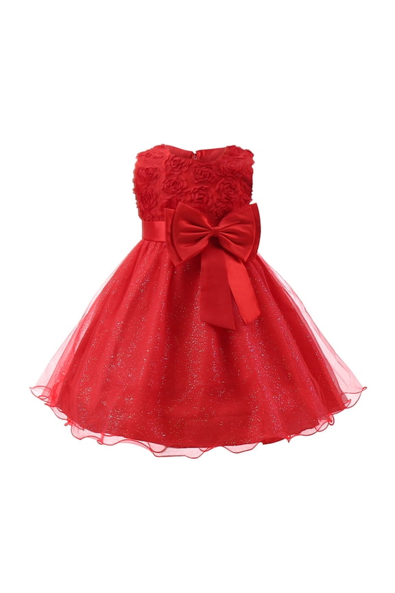 Flower Girl Dress 3D Rose Bow-Knot Toddler Kids Wedding Pageant Party Sleeveless Tulle Tutu Dress for Girls 1-10 Years