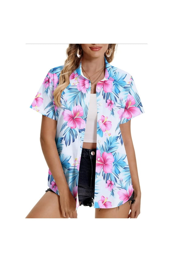 Hawaiian Shirts for Women Tropical Shirt Summer Beach Vacation Hawaii Button Down Short Sleeve Blouses Floral Tops Plus Size Sky Blue S