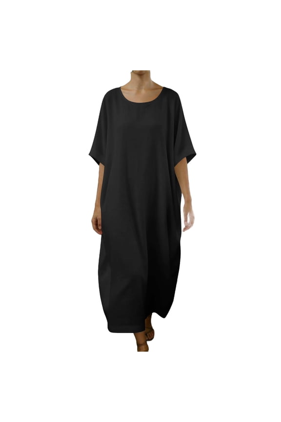 Kaftan Dresses for Women Cotton Linen Oversized Short Sleeve Caftan Crew Neck Beach Summer Maxi Long Dress