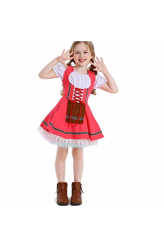 Kids Girls Oktoberfest Dress Puff Short Sleeve German Bavarian Dirndl Dresses Trendy Party Dress