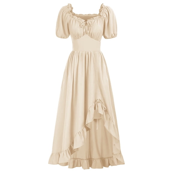 Nxznwn Medieval Renaissance Dress Women Cottagecore Corset Dress Puff Sleeve Ruffle Maxi Dresses with Pockets