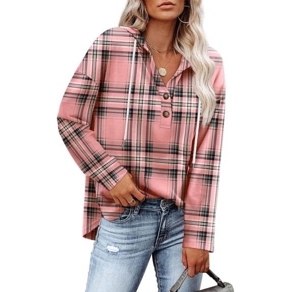 Nxznwn Plaid Hoodies for Women Oversized V Neck Hooded Pullover Sweatshirts Casual Button Down Long Sleeve Shirts Loose Fall Tops
